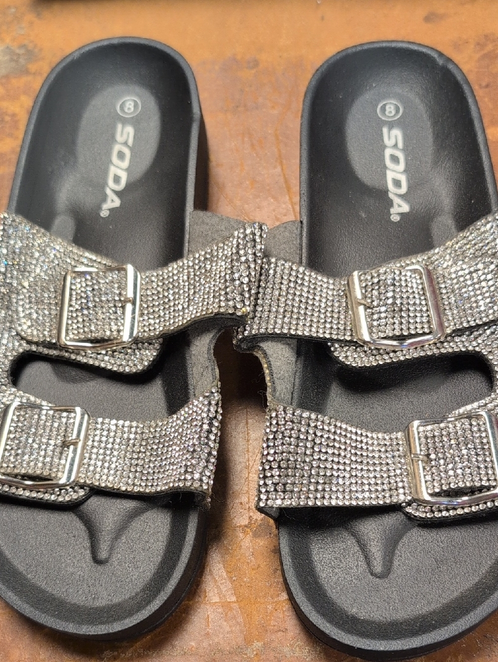 Soda Silver Rhinestone Double-Buckle Slide Sandals
